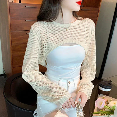 Women Y2k Crochet Knit Hollow Out Crop Top Long Flared Sleeve Shrug Sweater Mesh Cover Ups Cardigan Streetwear