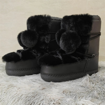 Faux Fur Boots for Women Warm Comfortable Woman Ski Boots 2024 Winter Middle Claf Lace-up Waterproof Platform Snow Boots Black