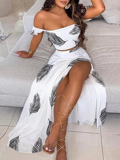 2-Piece Boho Chic Ensemble Off-Shoulder Smocked Tube Top&Floral High-Waist Split Maxi Skirt Summer Women Casual Wear Dress Sets