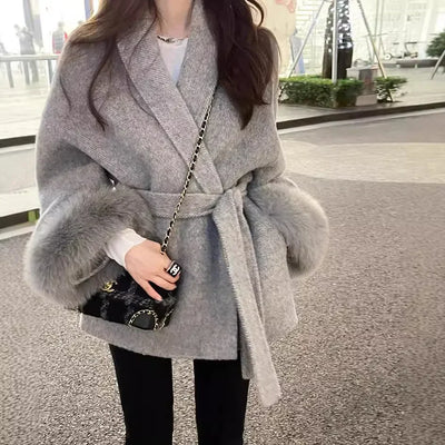 High End Double-sided Wool Strapping Real Wool Fur Coat Women's Removable Cuffs Fox Fur Temperament Cashmere Short Jacket