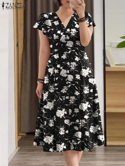 ZANZEA Fashion Floral Print Women Midi Dresses 2024 Summer Ruffle Sleeve V Neck A-line Vestido Casual Cinch Waist Party Sundress