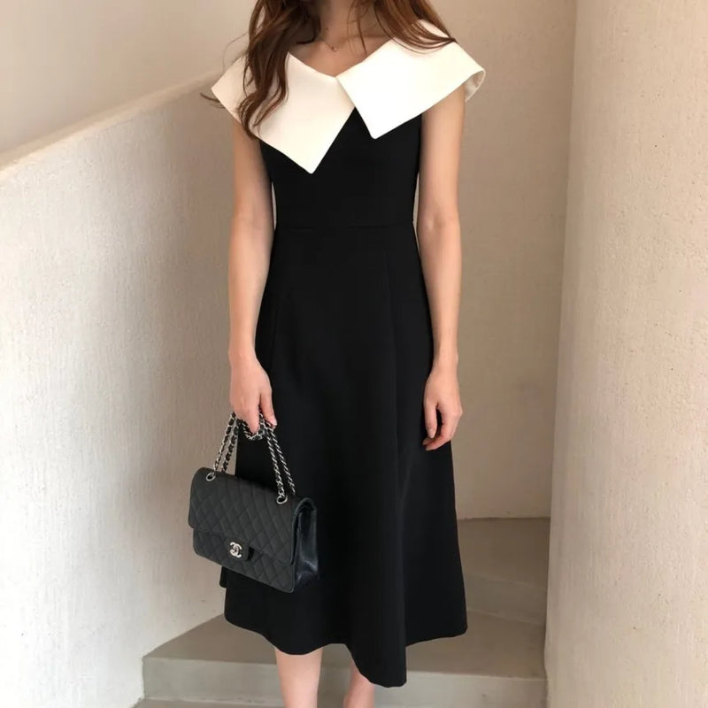 Summer Pullover Midi Dress Women Elegant Fashion Ruffle Pleated Ladies Dresses Patchwork Irregular Collar Korean Woman Dress