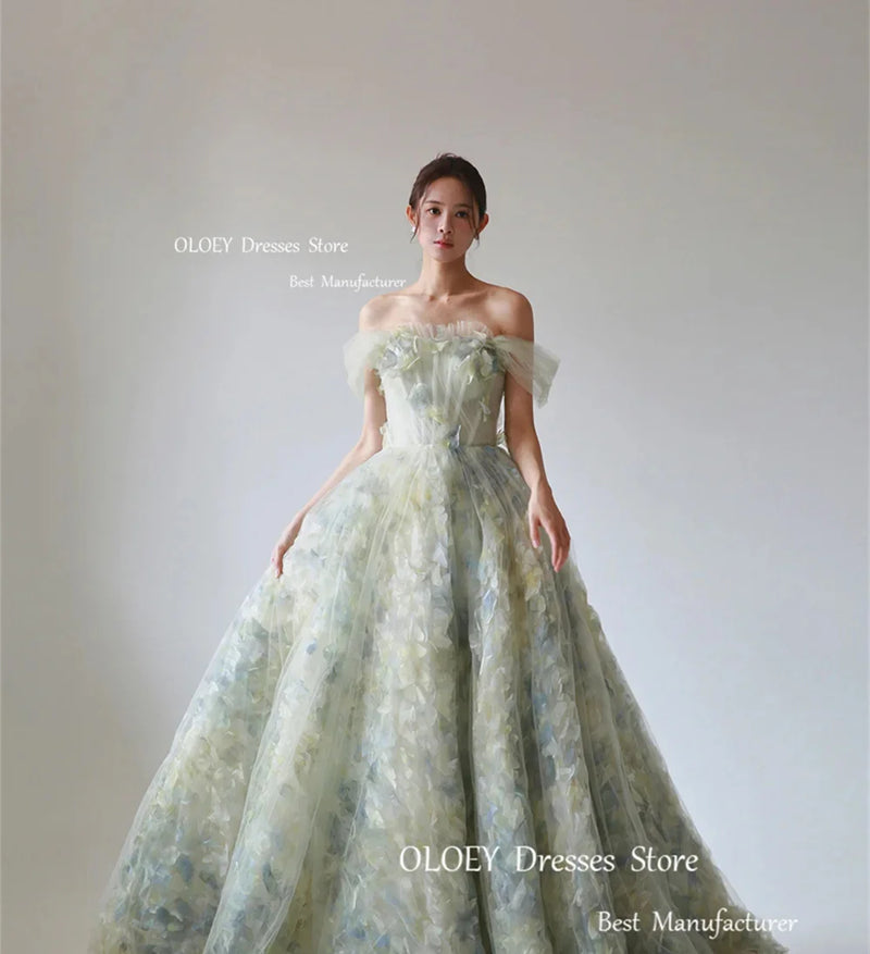 OLOEY Elegant Korea Evening Dresses 3D Flowers Strapless Floor Length Wedding Party Dress Customized Garden Photoshoot Prom Gown