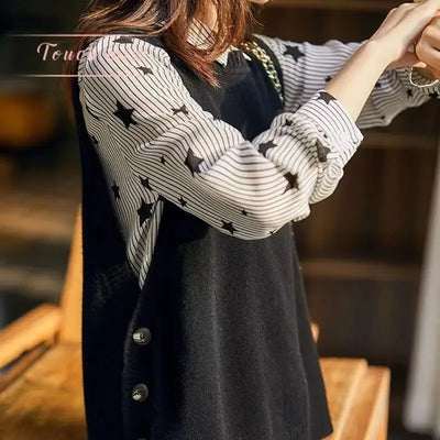 Fashion knit sweater vest College style under three-button solid color crew neck casual all-match pullover sweater for women