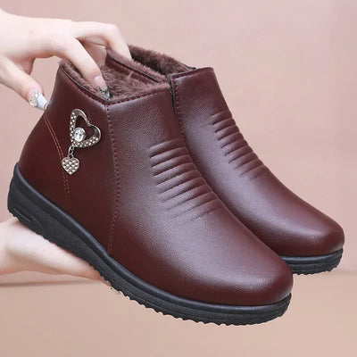 Winter Ankle Boots Fashion Women Leather Boots Plush Warm with Metal Mother Shoes Non-slip Short Boots Woman Botas De Mujer