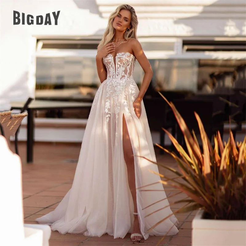 Elegant A-Line Wedding Dress Women  Lace Sweetheart Tulle Open Back Slit Strapless Bridal Gown Sweep Vestido De Noiva Customized