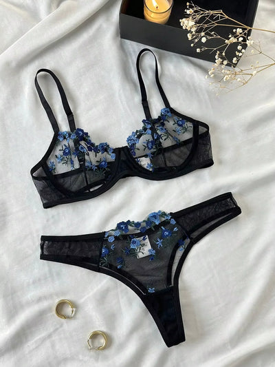 Erotic Embroidery Blue floral fragments Lace Babydoll Sensual Lingerie Bra Set For Women Underwear Intimate Sexi Panty Set 2024