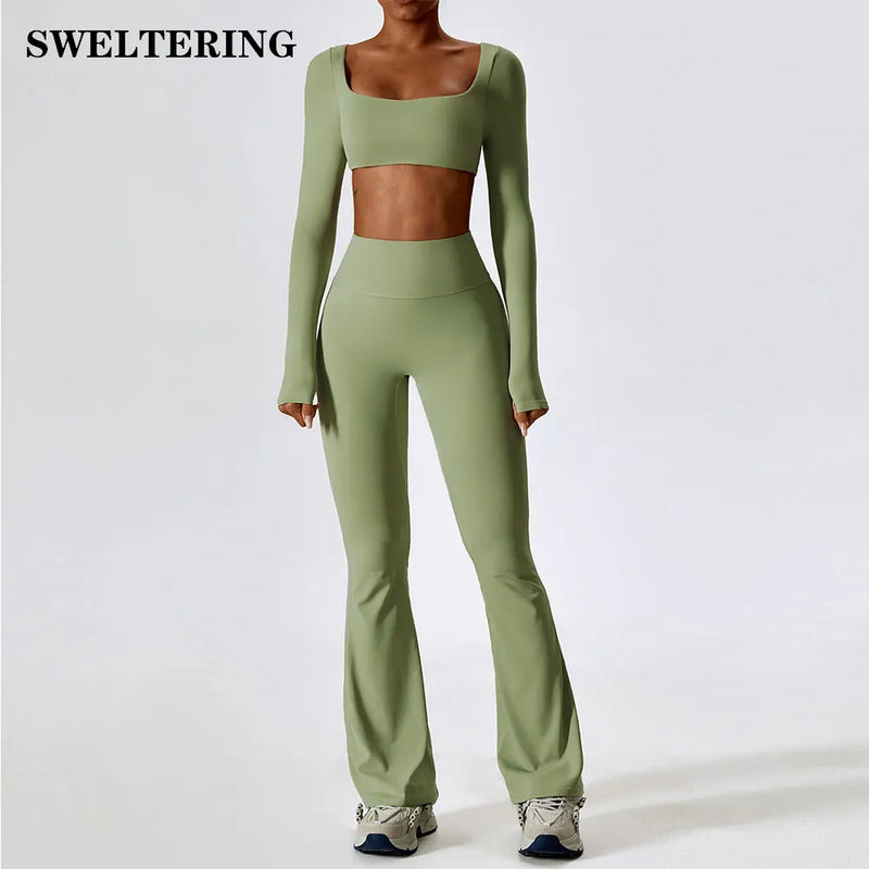 2 Pieces Women Tracksuit Yoga Set Workout Sportswear Gym Clothing Fitness Long Sleeve Crop Top High Waist Leggings Sports Suits