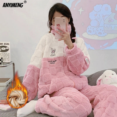 Winter Flannel Women Pajamas Zipper Lapel High-neck Sleepwear Sleepwear Thick Fluffy Loungewear Cardigan Pijamas sporty Homewear