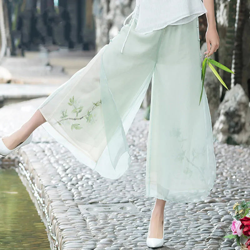 Chinese Ethnic Style Chiffon Print Wide-leg Pants Retro Literary Elasticated Waist Skirts Pants Summer Casual Women&