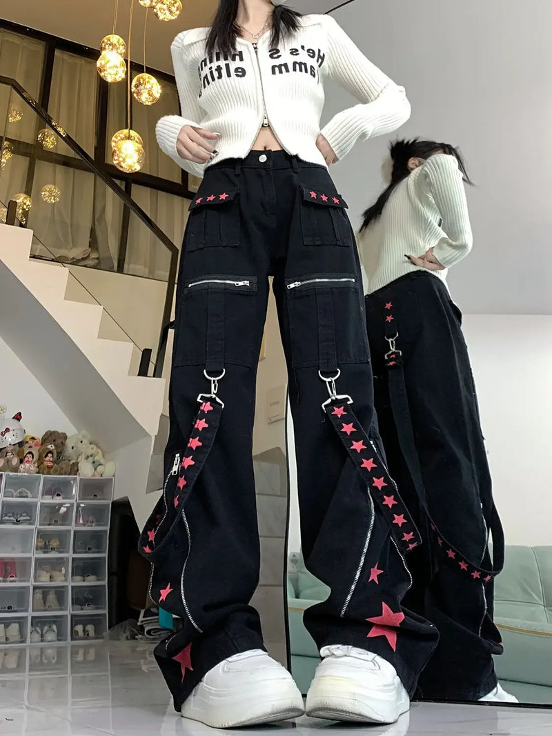 Star Print Jeans Female Y2K Stitching American Street Retro Straight Zipper Pants Campus Summer Harajuku Loose Jeans