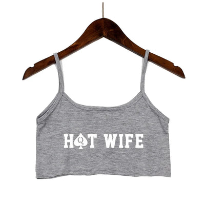 Fashion Women's Sexy Elastic Cotton Camis HOT WIFE Letters Print Female Sexy Crop Top Sleeveless Short Girls Tank Top Bar Women