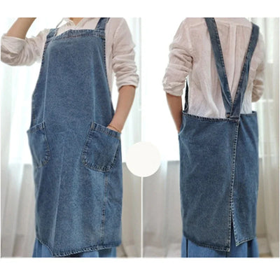 Ladies Korean Denim Apron for Women Cotton Fabric Garden Kitchen Baking Cooking Aprons Household Cleaning Accessories Dress