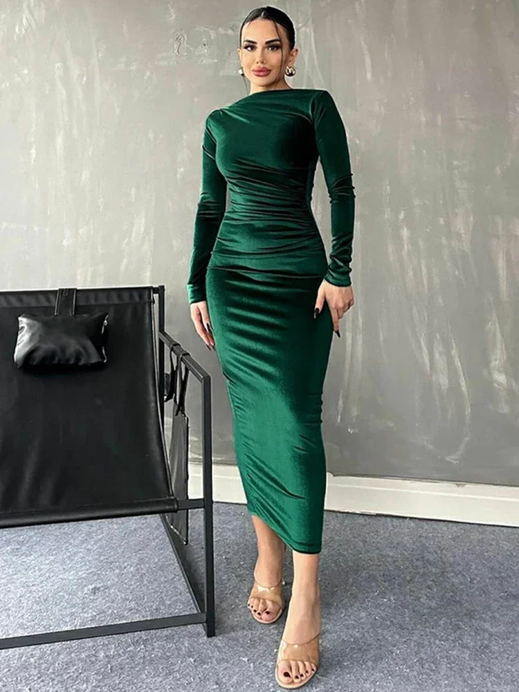 BWQ 2024 Spring Summer Velvet Long Sleeve Midi Dress For Women Ruched Long Dress Elegant Party Clothes Evening Green Outfits