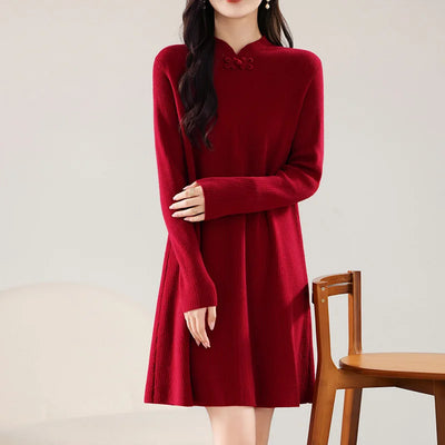 100% Merino Wool Women's Midi Dress, Buttoned, Elegant, Long Sleeves, Knitted, Crew Neck, Warm, Fall/Winter 2024, Clothing