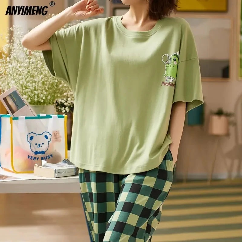 New Sleepwear Cartoon Cotton Pajamas for Women Long Pants Short Sleeved Summer Spring Loungewear  Fashion Home Clothing Homewear