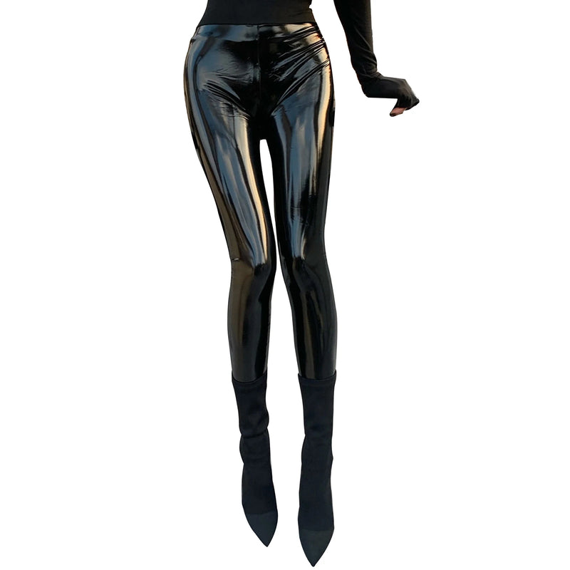 Womens Fashion Patent Leather Latex Pants Wet Look High Waist Stretchy Leggings Skinny Trousers Party Clubwear for Pole Dancing