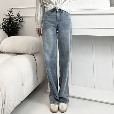 Wide Legged Denim Pants For Female Autumn Winter New Style High Waist Thicken Slim Fit Loose Fleece-lined Jeans For Women