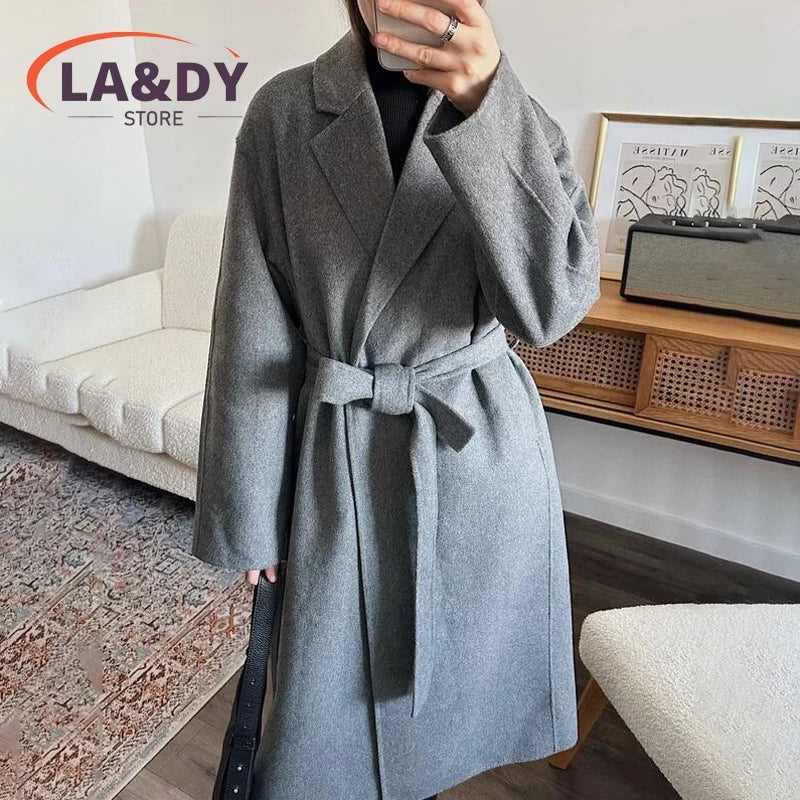 Woolen Coat High Quality 2024 Women Fashion Loose Lace-Up Female Solid Color Casual Long Sleeve Pockets Outerwear