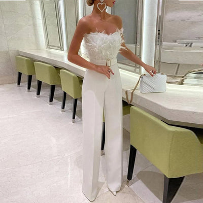 Women's Feather Trim Jumpsuit - Sexy Tube Top Evening Playsuit | High-Waisted Sleeveless Party Jumpsuit for Nightclub & Events