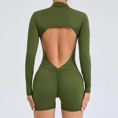 V Back Scrunch One-Piece Suit Push Up Sports Jumpsuit Woman Fitness Zipper Overalls Workout Rompers Women Gym Bodysuits Female