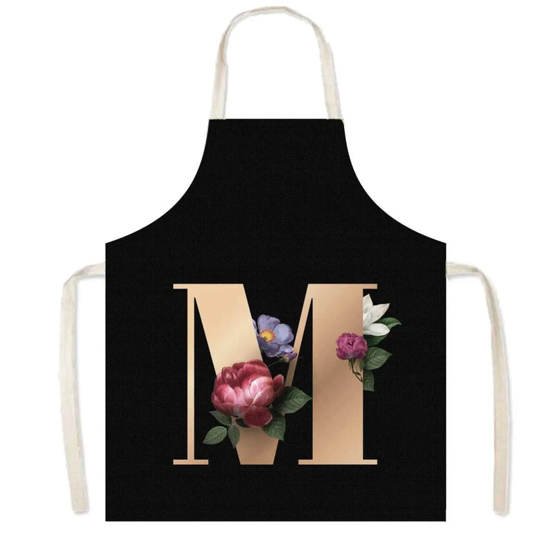 26 Initials Flower Print Kitchen Apron A-Z Letter Women Cooking Aprons BBQ Chef Waiter Home Baking Cleaning Tool Pinafore