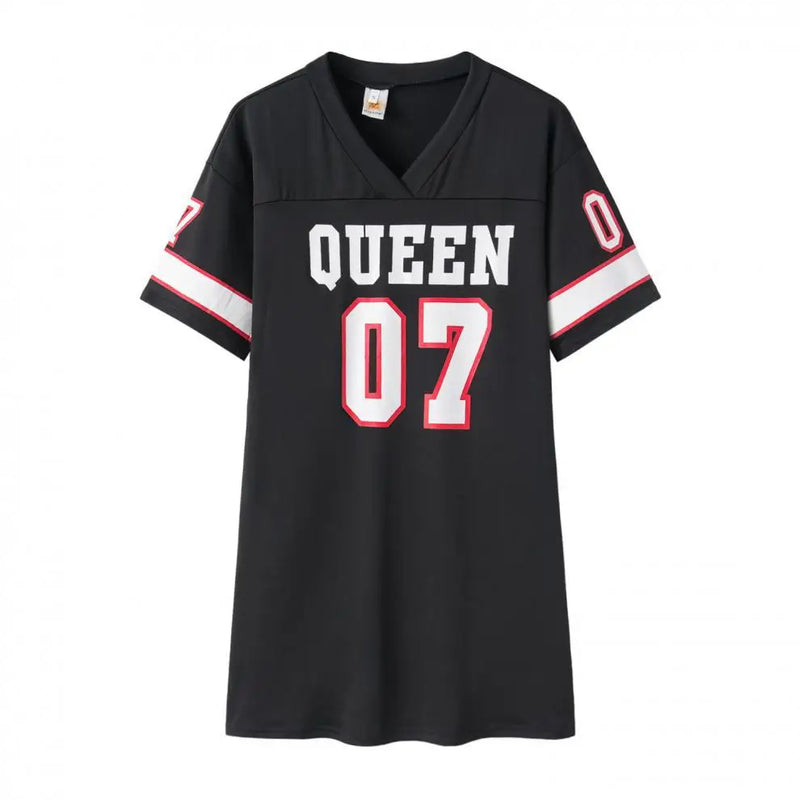 2024 New Fashion V-Neck Queen Letters Print Dress Short Sleeve Basketball Sporty Style Sexy Loose Female Clothing Streetwear