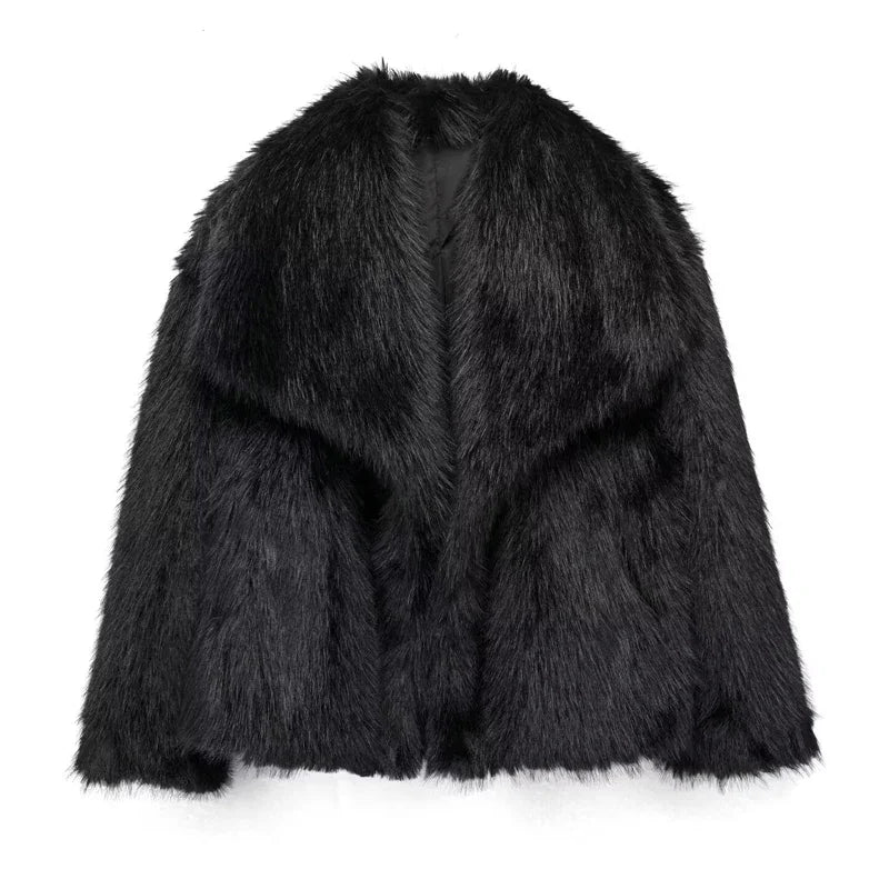 TRAF 2024 Woman Autumn Winter Faux Fur Coat Plush Fluffy Women&