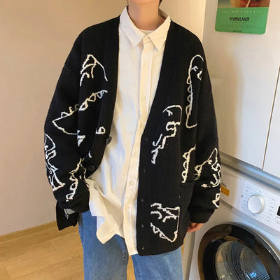 Abfer Autumn Oversize Cardigan Men Knitted Dinosaur Sweater Streetwear Loose Male Women Coat 2021 Doodle Hip Hop Pattern Winter