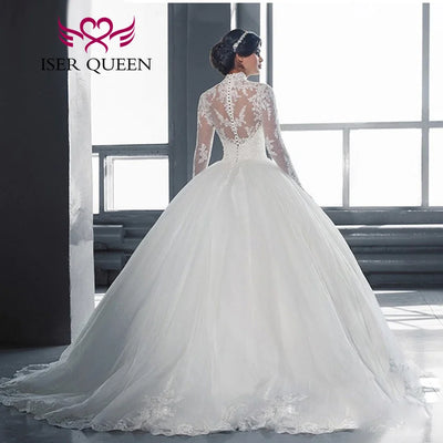 Customized High Neck Long Sleeves Arab Mulism Wedding Dresses Ball Gown Custom Made Princess Bride Dress For Women W0019