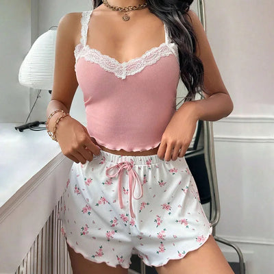 Women Pajama Set Lace Patchwork V-Neck Sleepwear Sexy Female Nighties Suit Cami Top Printed Shorts Soft Pyjamas Loungewear 2psc