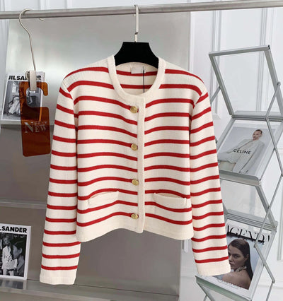 Women Stripe Knitted Cardigans Spring Autumn O-neck Single Breasted Long Sleeve Crop Tops Fashion Casual Chic Female Sweaters