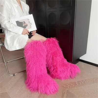 New Fashion Mongolia Fur Woman Snow Boots Fluffy Knee-High Boot Winter Women Fashion Snow Boot Warm Cotton Shoes