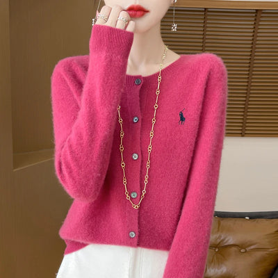 2024 Autumn/Winter Women's New Fashion Cashmere Embroidered Cardigan Women's O-neck Fashion Embroidered 100% Australian Wool