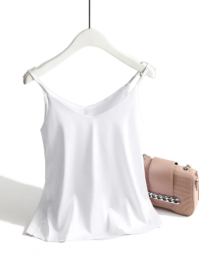 Spaghetti Strap Top Women Halter V Neck Basic White Cami Sleeveless Satin Silk Tank Tops Women'S Summer 2024 Camisole