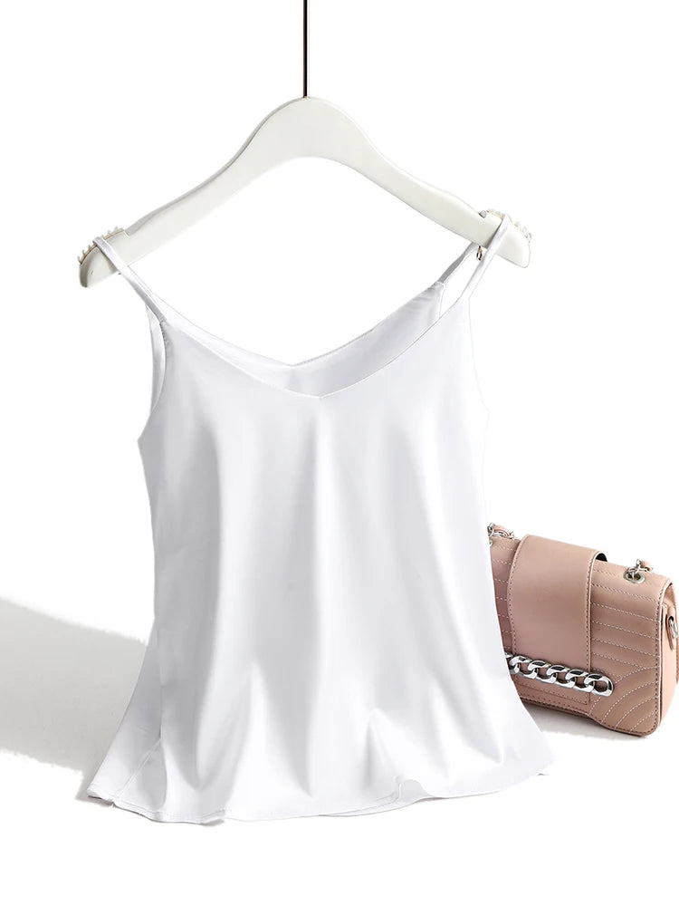 Spaghetti Strap Top Women Halter V Neck Basic White Cami Sleeveless Satin Silk Tank Tops Women&