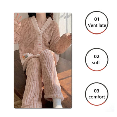 Thickened Warm Flannel Women Sleepwear Loungewear Cardigan Suit Winter Sweet Kawaii Soft Fairy Wind Ladies Pajamas Homewear