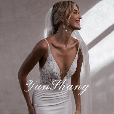 Yunshang Mermaid Wedding Dresses Lace V-Neck Spaghetti Straps Open Back Elegant Bridal Gown Train Vestidos De Novia Customized