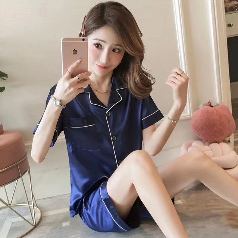 Women silk satin pajamas set two-piece PJ sets sleepwear loungewear button-down pajama Women 2 piece pijama homewear shorts set