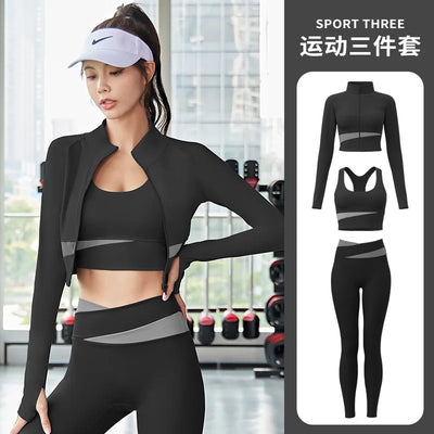 Women Yoga Patchwork 3 Piece Set Fitness Gym Coats+Bra+Leggings Workout Running Sportswear Clothing Tracksuit Ensemble Femme