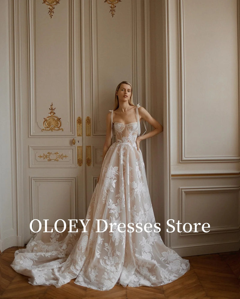 OLOEY Elegant A Line Lace Floral Wedding Dresses Boho Adjustable Straps Customised Bridal Gowns Vestidos de noiva Photo shoot