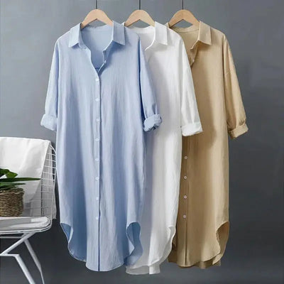 Fashion Long Sleeve Cotton Linen Midi Dress Women 2024 Fall Loose Casual Comfortable White Buttons Dresses For Women Robe Femme