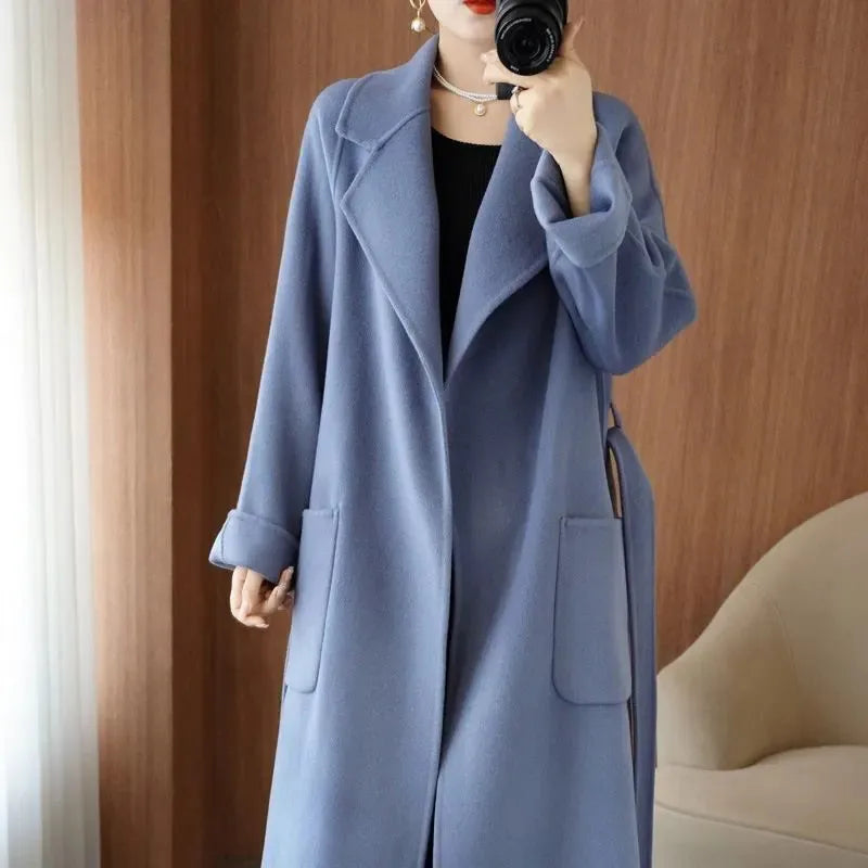 100% Pure Wool Double-Sided Cashmere Coat Women Winter New Mid-Length Loose Fashion Pockets Woolen Jacket Female Overcoat B551