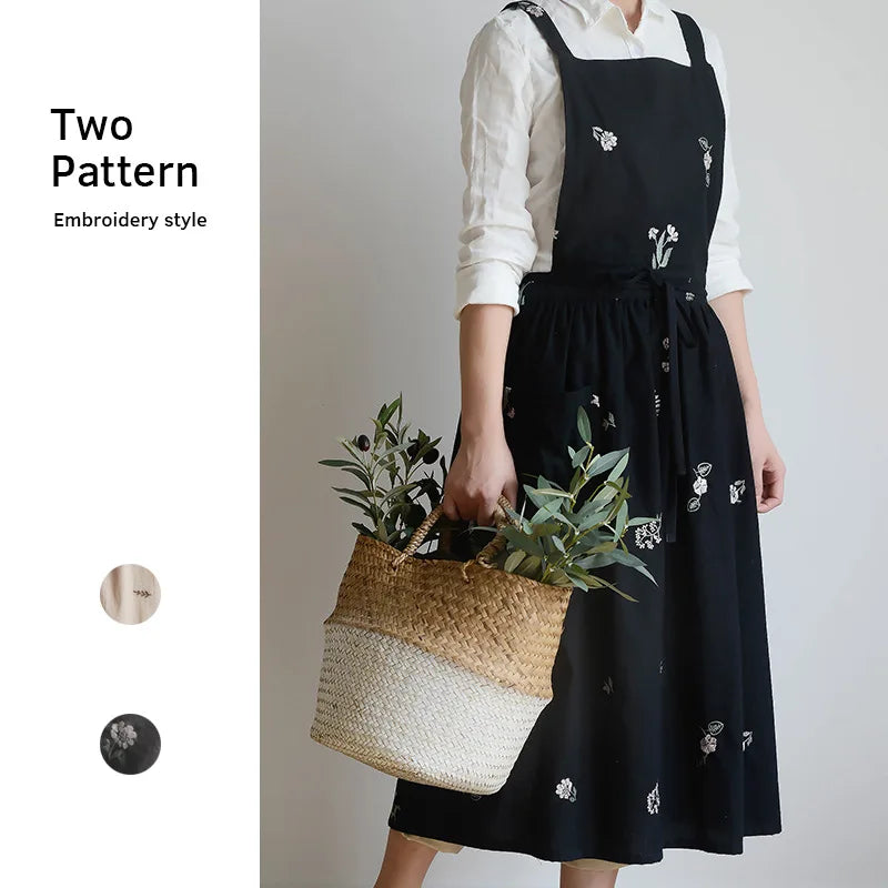 Cotton Embroidered X-Back Aprons Pinafore Apron Dress Cross Back Bib Apron with Pockets for Cooking Gardening Baking Painting