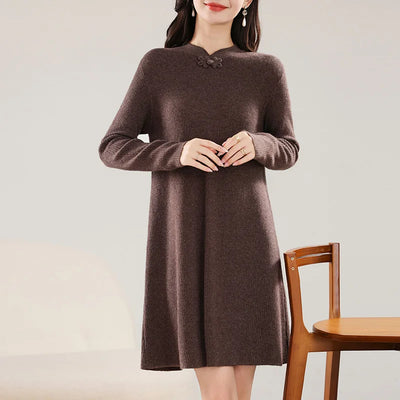 100% Merino Wool Women's Midi Dress, Buttoned, Elegant, Long Sleeves, Knitted, Crew Neck, Warm, Fall/Winter 2024, Clothing