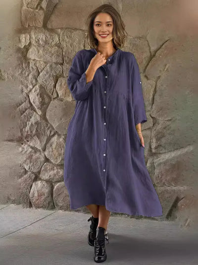 Spring Summer Women Cotton Linen Dress 2024 Fashion Loose Button Long Sleeve Shirt Dresses Solid Beach Party Pockets Dress Robe