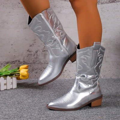 2024 Women's Cowboy Boots Embroidered Pointed Toe Thick Heel Ankle Western Boots Silver Tassel Cowgirl Women's Boots Zapatos