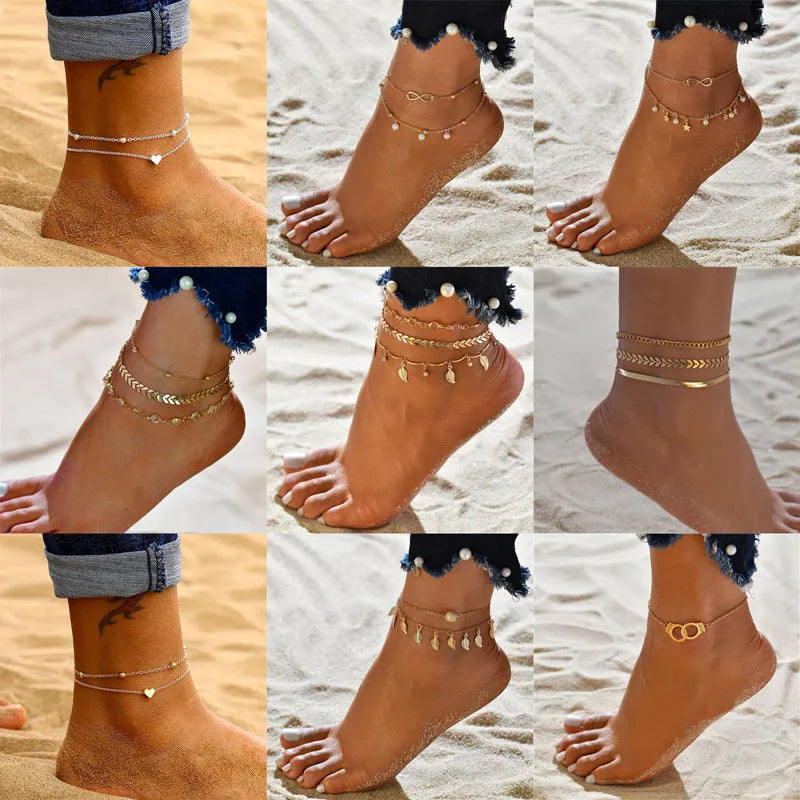 Gold Silver Color Chain Multilayer Anklets Women Beads Anklet Leg Chain Ankle Bracelets Beach Foot Jewelry Accessories