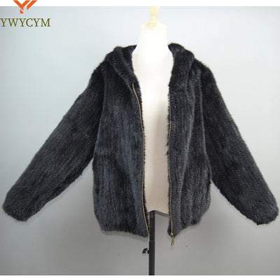 2025 New Women Mink Fur Coat Long-Sleeve Hooded Casual Jacket Fashion All-match Zipper Knitted Outerwear Jacket Custom Plus Size