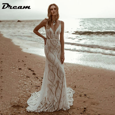 DREAM Customized Sexy Lace V Neck Beach Mermaid Wedding Dresses 2025 Spaghetti Straps Bridal Dresses Backless Vestidos De Novia